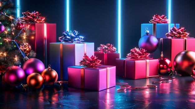 De kerstneon achtergrond bestaat uit geschenkkistjes en feestelijke ornamenten behang voor de feestdagen