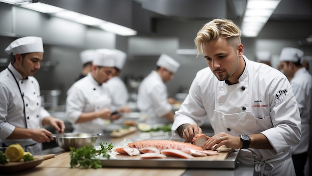 de keukenchef houdt toezicht op het eten en bereidt de maaltijden voor voor de klanten van het restaurant