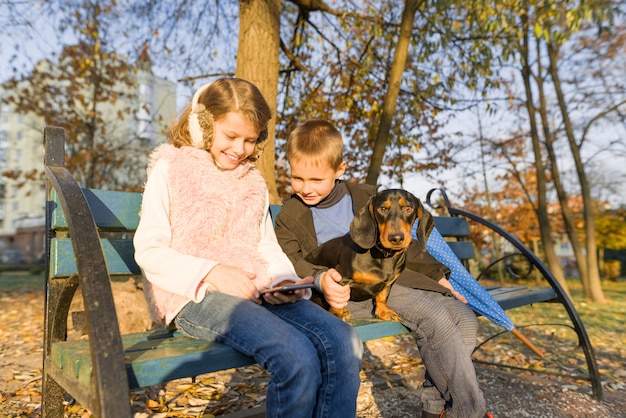 De kinderen die op bank in park met hond zitten, bekijken smartphone