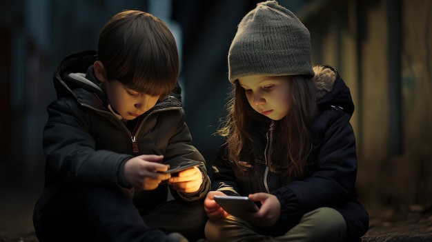 De kinderen gebruiken mobiele telefoon