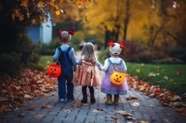 De kinderen lopen met pompoenen over straat.