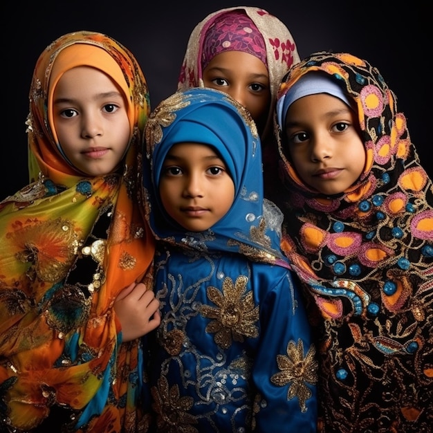 de kinderen poseren in hun hijabs voor de fotograaf full cover de aurat Generative AI