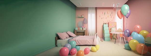 De kinderkamer is versierd voor de viering van de verjaardag kleurrijke ballonnen linten AI gegenereerd