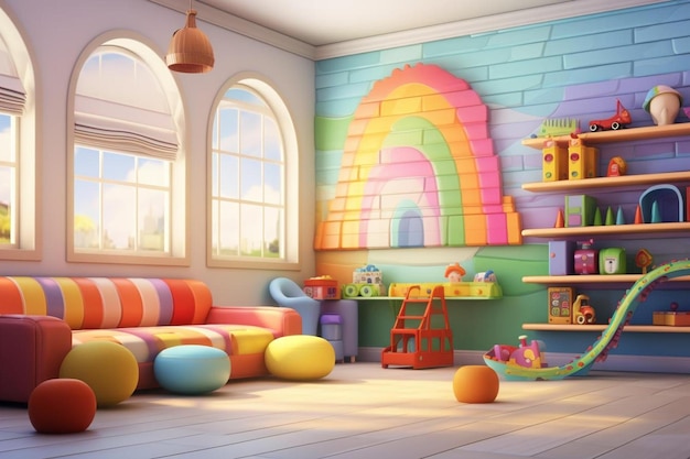 de kinderkamer met kleurrijke meubels en een regenboog.