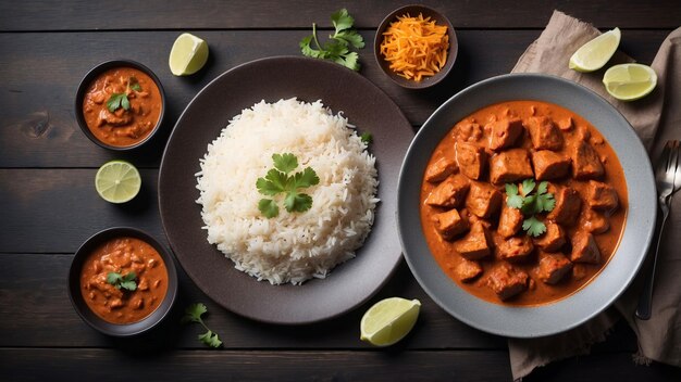 De kip tikka masala, kunstzinnig gerangschikt op een donkere houten tafel, is vastgelegd in een hoogwaardige ph