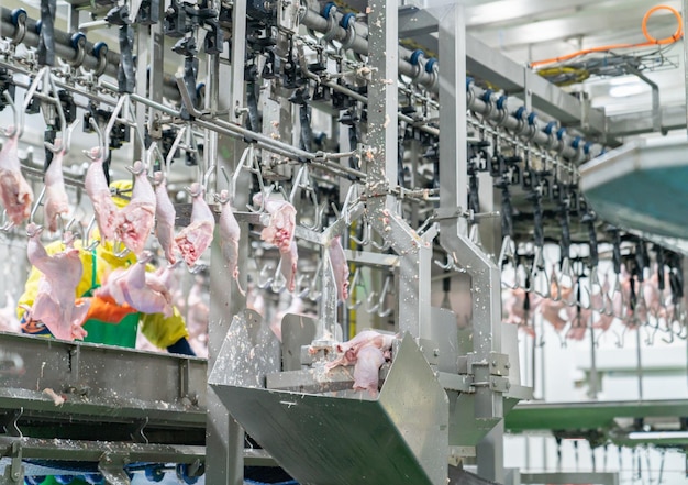 Foto de kippenonderdelen hangen op transportketens in een moderne fabriek