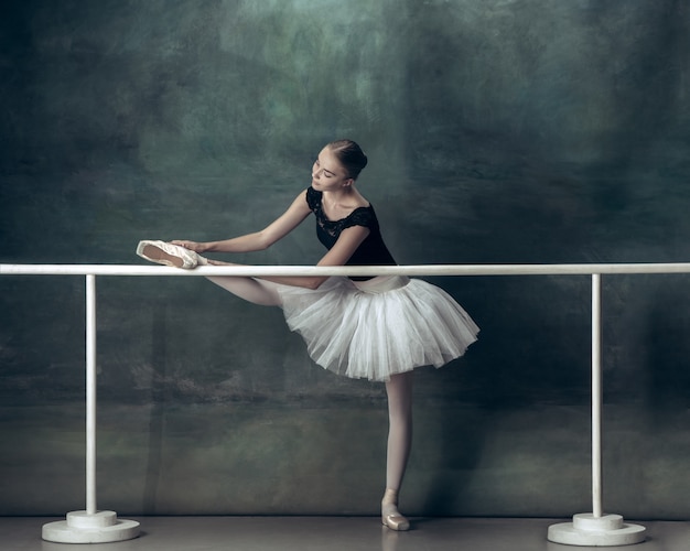 Foto de klassieke ballerina poseert bij balletbarre