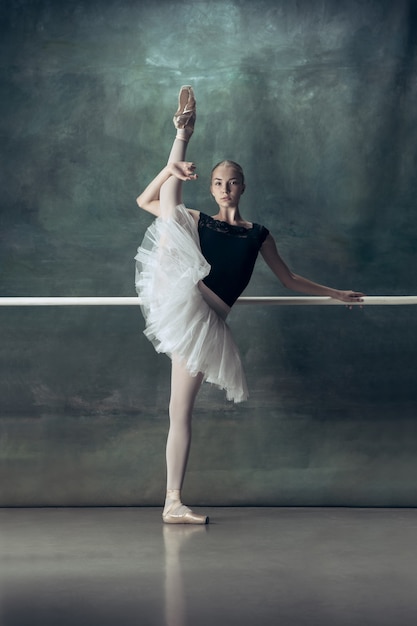 De klassieke ballerina poseert bij balletbarre