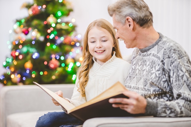 De kleindochter en een grootvader lazen het boek bij de kerstboom