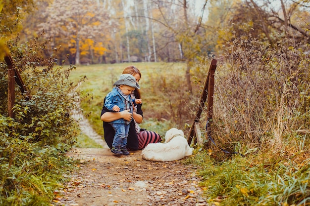 De kleine jongen met moeder vond een schattige hond in het herfstpark