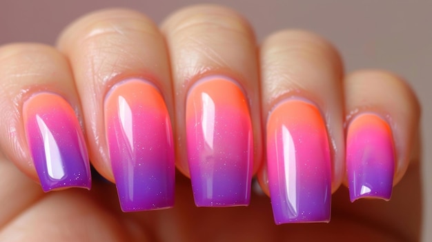 De kleuren van een zonsondergang vastgelegd in nagelkunst met gradiënt tinten van roze paarse en oranje mengeling