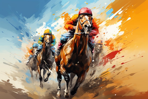 De kleurrijke jockeys van de cartoonpaardenrennen demonstreren ruitervaardigheid