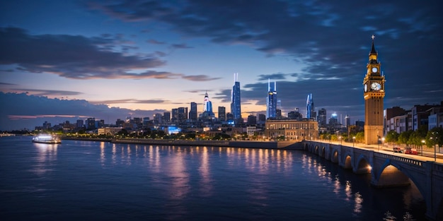 De klokkentoren verlicht de beroemde skyline van de stad in de schemering