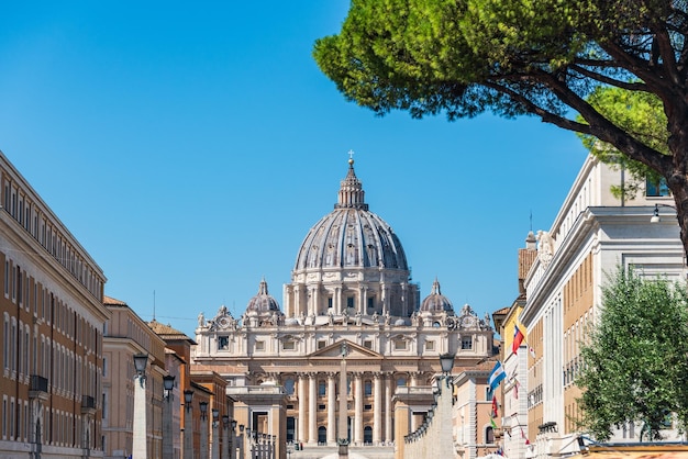 De koepel van de Sint-Pietersbasiliek en de standbeelden van de heiligen op het Sint-Piedersplein uitzicht op het Vaticaan