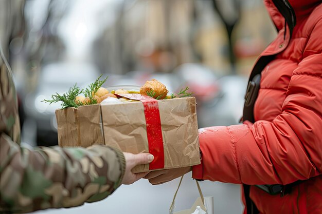 De koerier geeft de klant een doos met eten die met een rood lint is vastgebonden