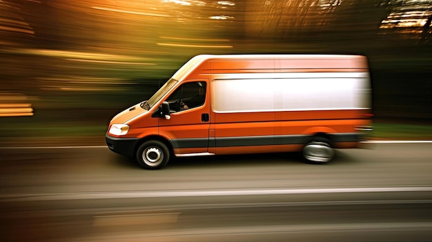 Foto de koerierswagen raast over de snelweg, zijn motor brult van kracht en vastberadenheid elke seconde telt terwijl de toegewijde chauffeur het voertuig tot het uiterste drijft gegenereerd door ai