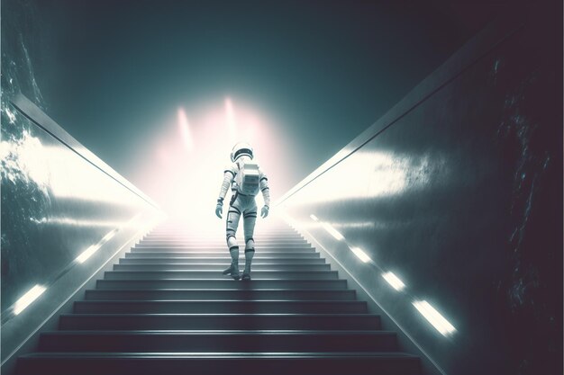 Foto de kosmonaut klimt de trap op spaceman staat op de futuristische trap en kijkt naar het licht aan het einde digitale kunststijl illustratie schilderij