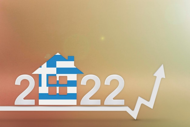 De kosten van onroerend goed in Griekenland in 2022 Stijgende kosten van bouwverzekeringen huur in Griekenland 3d huismodel geschilderd in vlagkleuren pijl-omhoog op gele achtergrond