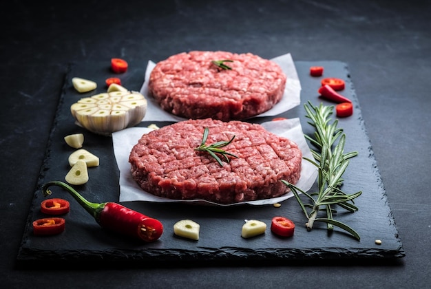 De koteletten van de rauw vleesburger met ingrediënten