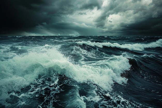 De kracht en schoonheid van stormachtig zeewater met dramatische golven die tegen de kust botsen.