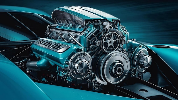 De krachtige motor van een auto blauwe kleur toon