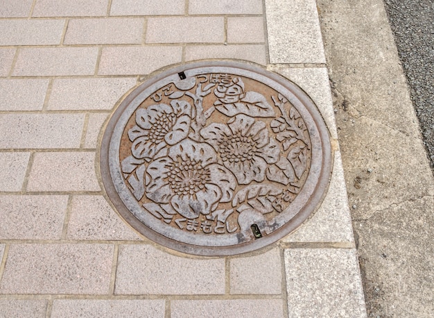 De kunst boven de afvoerkap op straat in Fukuoka Prefecture