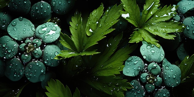 De kunst van de natuur: kruiden en bladeren met glinsterende waterdruppels