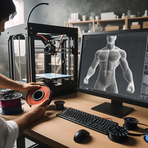 Foto de kunstenaar zet een 3d-printer op in een studio. het 3d-model wordt op een computerscherm weergegeven.