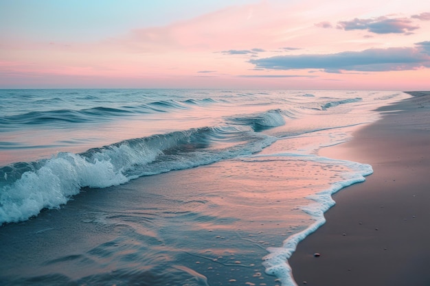 De kust bij de dageraad met de golven die zachtjes op de kust kloppen