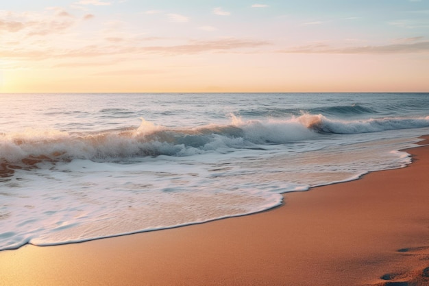 De kust bij zonsopgang met de golven die zachtjes op de kust kloppen