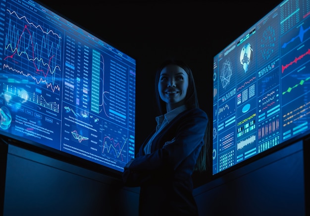 De lachende zakenvrouw die tussen blauwe monitoren in het donkere kantoor staat
