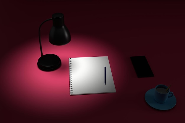 De lamp verlicht een schoon notitieboekje met een pen koffie telefoon op een rode achtergrond Plaats voor tekst Minimalisme 3D render