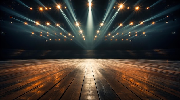 De langzame oscillatie van podiumverlichting creëert een ritmische dans over de houten vloer