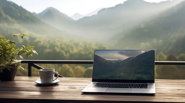 De laptop en de koffie op de tafel mengen zich met het nevelrijke berglandschap op de achtergrond Generative Ai