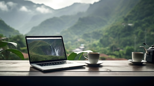 De laptop en de koffie op de tafel mengen zich met het nevelrijke berglandschap op de achtergrond Generative Ai