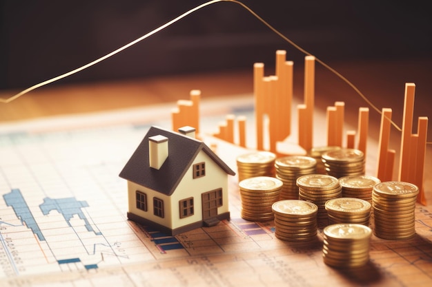 De lay-out van het huisgeld geeft een inflatiecrisis weer als gevolg van een stijging van de rente die de koper van het huis beïnvloedt. Hypotheeklening financieel concept
