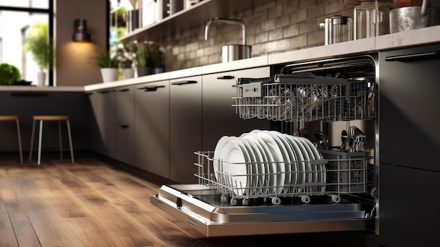De lege Geopende Vaatwasser in keuken ziet er perfect uit ultra HD Generative ai