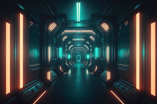 De lege neontunnel van het futuristische scifi-netwerk AI-technologie gegenereerd beeld