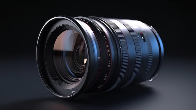 De lens van een spiegelreflexcamera of spiegelloze camera met gekleurde accenten op de frontlens
