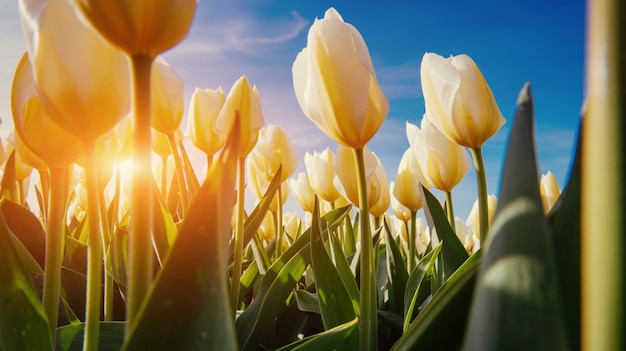 De lenteachtergrond met mooie gele tulpen