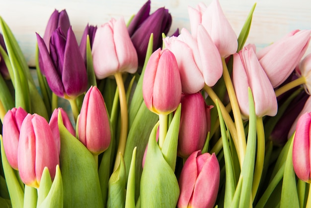 Foto de lentetulpen die op witte houten lijstachtergrond liggen