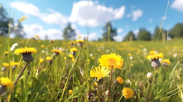 De lenteweide vage achtergrond met gele bloemen en groen gras