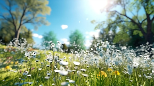 De lenteweide vage achtergrond met gele bloemen en groen gras