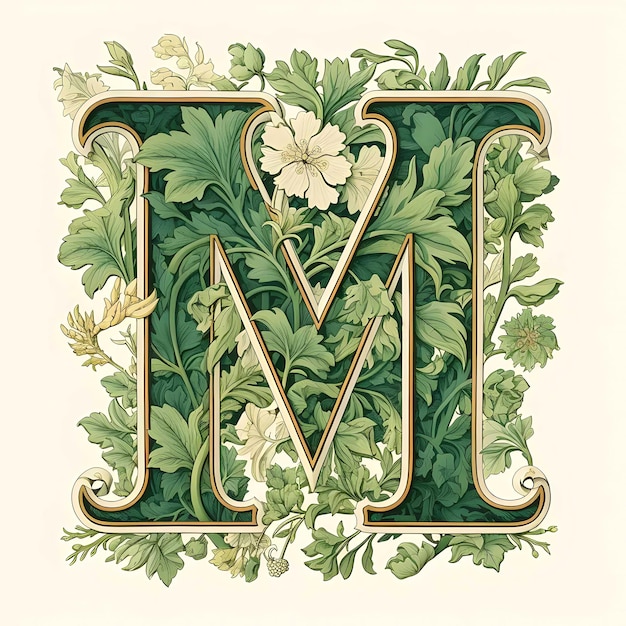 Foto de letter m bestaat uit bladeren en bloemen.