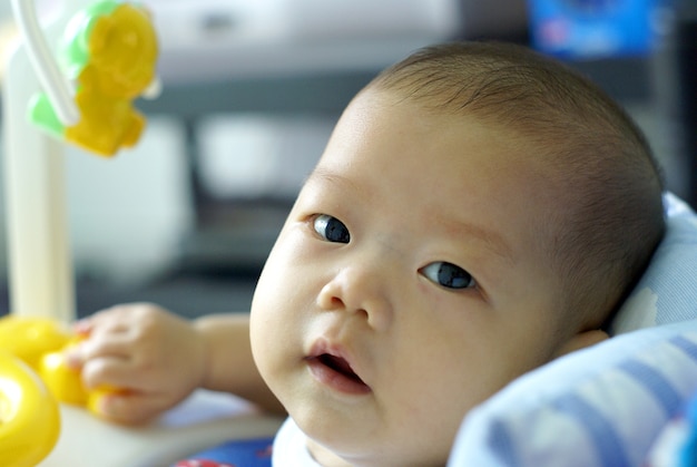 De leuke Aziatische babybaby zit in babyleurder en zoekt iets.