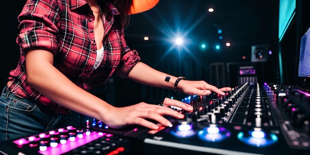 De leuke vrouw die van DJ pret speelmuziek hebben bij clubpartij