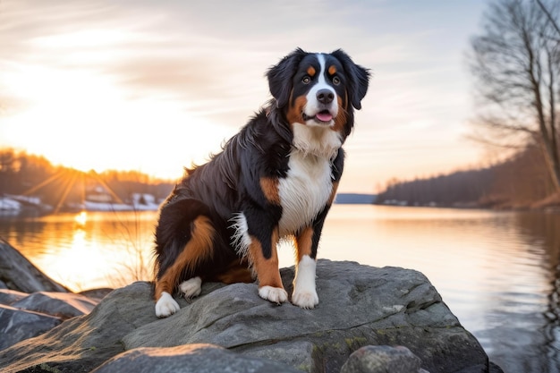 De leukste Berner Sennenhond zit op een paar rotsen