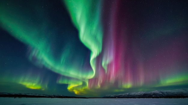 De levendige aurora borealis verlicht het besneeuwde polaire landschap