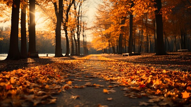 Foto de levendige herfstbladeren van het bos vallen in het park, de schoonheid van de natuur.