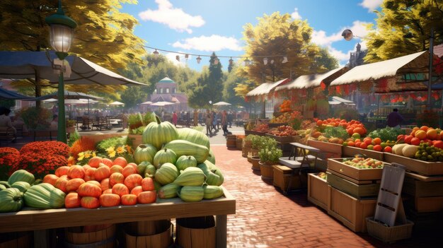 Foto de levendige kleuren en verscheidenheid aan verse producten op een drukke boerenmarkt stalletjes vol met appels pompoenen squash en andere herfst fruit en groenten